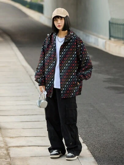 MUNZ Women's Casual Letter Print Long Sleeve Oversized Hooded Jacket, Spring Autumn
