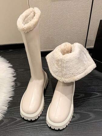 Women's New Fashionable & Elegant High-Quality Leather Knee-High Snow Boots, Winter Warm & Comfortable Plush Lined White Boots