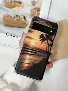 1pc eenvoudig en helder TPU-telefoonhoesje met vier hoeken, valbestendig ontwerp en bedrukt zonsondergangpatroon, compatibel met Pixel 7 Pro, iPhone 15 Pro Max en andere Apple-modellen