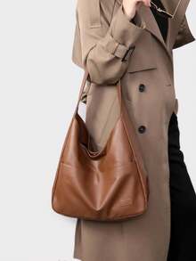 Women's Retro Slouchy Shoulder Bag, Large Capacity Bucket Bag - Brown - View 6