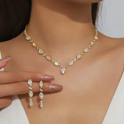 Sparkling Crystal Cubic Zirconia Jewelry Set, 18K Gold Plated Necklace & Earring Set, Simple Yet Elegant, Perfect Accessory For Weddings, Parties And Any Occasions