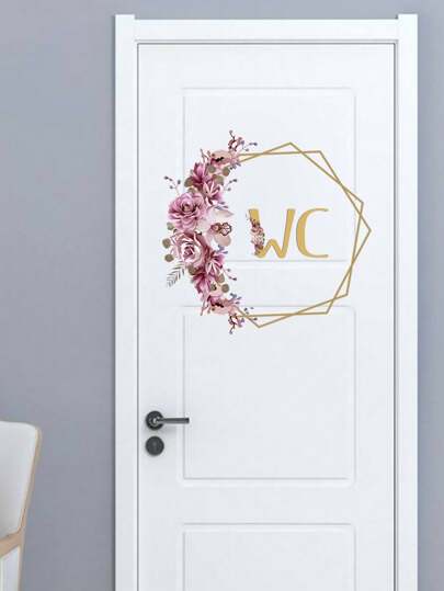 Flower Pattern WC Sign Print Wall Sticker, Toilet Entrance Sign Decal, Bathroom Door Decor, Stickers, Wall Decal, Vinyl Decal For Home Decorations, Spring Decoration Items Refresh Your Home, Festival Decoration Stickers Gifts Birthday Graduation