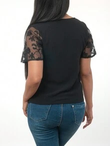 Blusa Negra Manga Corta Con Encaje Cuello Redondo Formal TE AMOMO - Negro - Ver 6