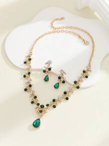 3入組時尚新娘綠色鑽石女性V領耳環和項鍊套裝，適用於派對 - 綠色 - 查看 3