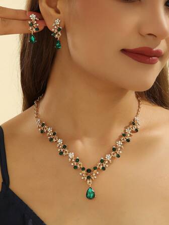 3pcs Bridal Fashion Green Rhinestone Women's V-Neck Earrings And Necklace Set For Parties