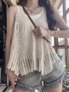 JIANHU Hollow Style Camisole Knit Top - Apricot - View 3