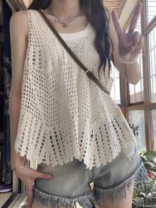 JIANHU Hollow Style Camisole Knit Top - Apricot - View 2