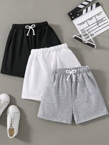 Conjunto De 3 Piezas De Shorts Sólidos Con Cordón Ajustable En La Cintura Para Niños En Transición A La Adolescencia