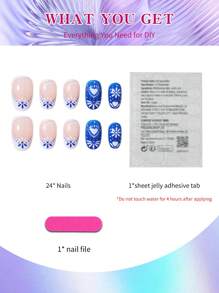 24Pcs Short Oval White French Nail & Heart Pattern Tip Short Press On Nails  ,  Full Fit Design Acrylic Fake Nails, Contain 1pc Jelly Glue And 1pc Nail File, French Tip Nails Suitable For Women And Girls, Daily Life And Party Use