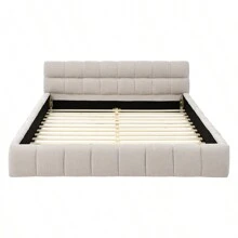 YOGLAD Queen Size Upholstered Bed Frame With Thick Fabric, Chenille Fabric Grounded Queen Size Platform Bed With Headboard And Solid Frame. No Box Spring Needed - 米色 - 查看 5