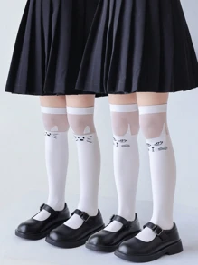 2 Pairs Kids Socks, Classic White With Cute Cartoon Cat & Fox Patterns, Versatile Casual Breathable Comfortable Soft Over-The-Knee Socks, Suitable For Festivals, Traveling, Matching Princess Dresses, Back To School - White - View 1