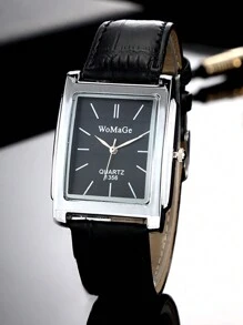 1pc Square Men's Watch, Rose Gold Case, Unisex, Top Brand, Luxury Genuine Leather Strap, Quartz Movement, Men's Gift - Black - View 3