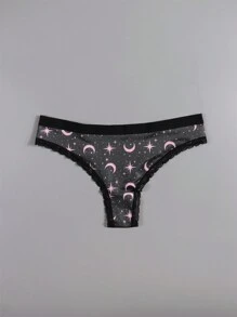 Dircho 4 Stücke Sexy Damen romantische Kontrast-Spitzen Tanga, bohostil schwarzrosa Allover Sterne & Monde & Planeten & Nachthimmel & Lächelnde Gesichter & Halbmondmuster, bequeme seidige Dessous Unterwäsche, Damen Unterwäsche & Lingerie