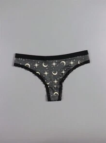 Dircho 4 Stücke Sexy Damen romantische Kontrast-Spitzen Tanga, bohostil schwarzrosa Allover Sterne & Monde & Planeten & Nachthimmel & Lächelnde Gesichter & Halbmondmuster, bequeme seidige Dessous Unterwäsche, Damen Unterwäsche & Lingerie