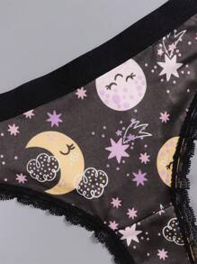 Dircho 4 Stücke Sexy Damen romantische Kontrast-Spitzen Tanga, bohostil schwarzrosa Allover Sterne & Monde & Planeten & Nachthimmel & Lächelnde Gesichter & Halbmondmuster, bequeme seidige Dessous Unterwäsche, Damen Unterwäsche & Lingerie