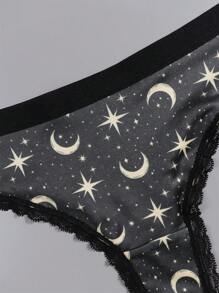 Dircho 4 Stücke Sexy Damen romantische Kontrast-Spitzen Tanga, bohostil schwarzrosa Allover Sterne & Monde & Planeten & Nachthimmel & Lächelnde Gesichter & Halbmondmuster, bequeme seidige Dessous Unterwäsche, Damen Unterwäsche & Lingerie