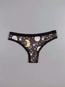 Dircho 4 Stücke Sexy Damen romantische Kontrast-Spitzen Tanga, bohostil schwarzrosa Allover Sterne & Monde & Planeten & Nachthimmel & Lächelnde Gesichter & Halbmondmuster, bequeme seidige Dessous Unterwäsche, Damen Unterwäsche & Lingerie