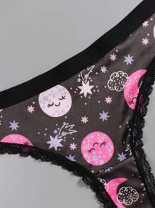 Dircho 4 Stücke Sexy Damen romantische Kontrast-Spitzen Tanga, bohostil schwarzrosa Allover Sterne & Monde & Planeten & Nachthimmel & Lächelnde Gesichter & Halbmondmuster, bequeme seidige Dessous Unterwäsche, Damen Unterwäsche & Lingerie