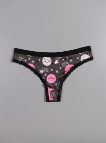 Dircho 4 Stücke Sexy Damen romantische Kontrast-Spitzen Tanga, bohostil schwarzrosa Allover Sterne & Monde & Planeten & Nachthimmel & Lächelnde Gesichter & Halbmondmuster, bequeme seidige Dessous Unterwäsche, Damen Unterwäsche & Lingerie