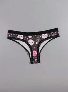 Dircho 4 Stücke Sexy Damen romantische Kontrast-Spitzen Tanga, bohostil schwarzrosa Allover Sterne & Monde & Planeten & Nachthimmel & Lächelnde Gesichter & Halbmondmuster, bequeme seidige Dessous Unterwäsche, Damen Unterwäsche & Lingerie