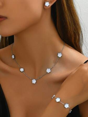 4 件套新款时尚不锈钢幸运四叶草花瓣耳环手链项链套装适合女士情人节、妈妈、母亲、母亲节、礼物