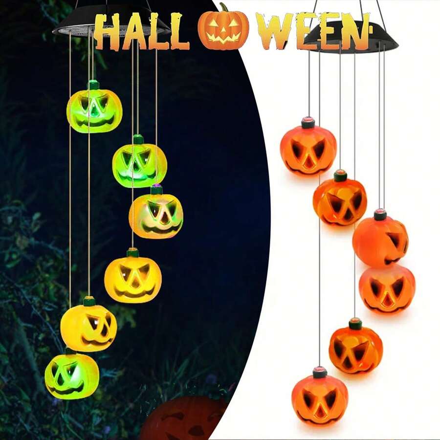 1 件万圣节太阳能风铃变色带 6 个 LED 南瓜防水灯，太阳能供电，适用于万圣节节日派对庭院窗户装饰万圣节装饰房间装饰万圣节花园装饰礼物仙女节日装饰节日装饰 - 彩色 - 查看 1