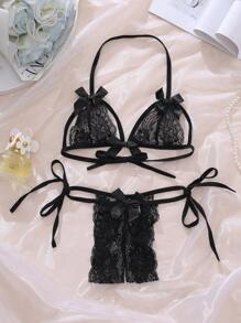 Bộ 2 chiếc/Bộ đồ lót gợi cảm cổ yếm ren khoét sâu phía sau phía trước & quần lọt khe đáy hở cho nữ, Bộ đồ lót gợi cảm dành cho nữ - màu đen - Xem 6