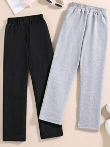 2 pièces Pantalons de sport de couleur unie avec cordon de serrage pour filles pré-adolescentes