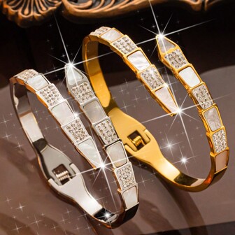 1pc Fresh INS Style Titanium Stainless Steel Snake Bone Inlaid Rhinestone Fashion Bracelet, Suitable For Women's Daily Wear In Summer