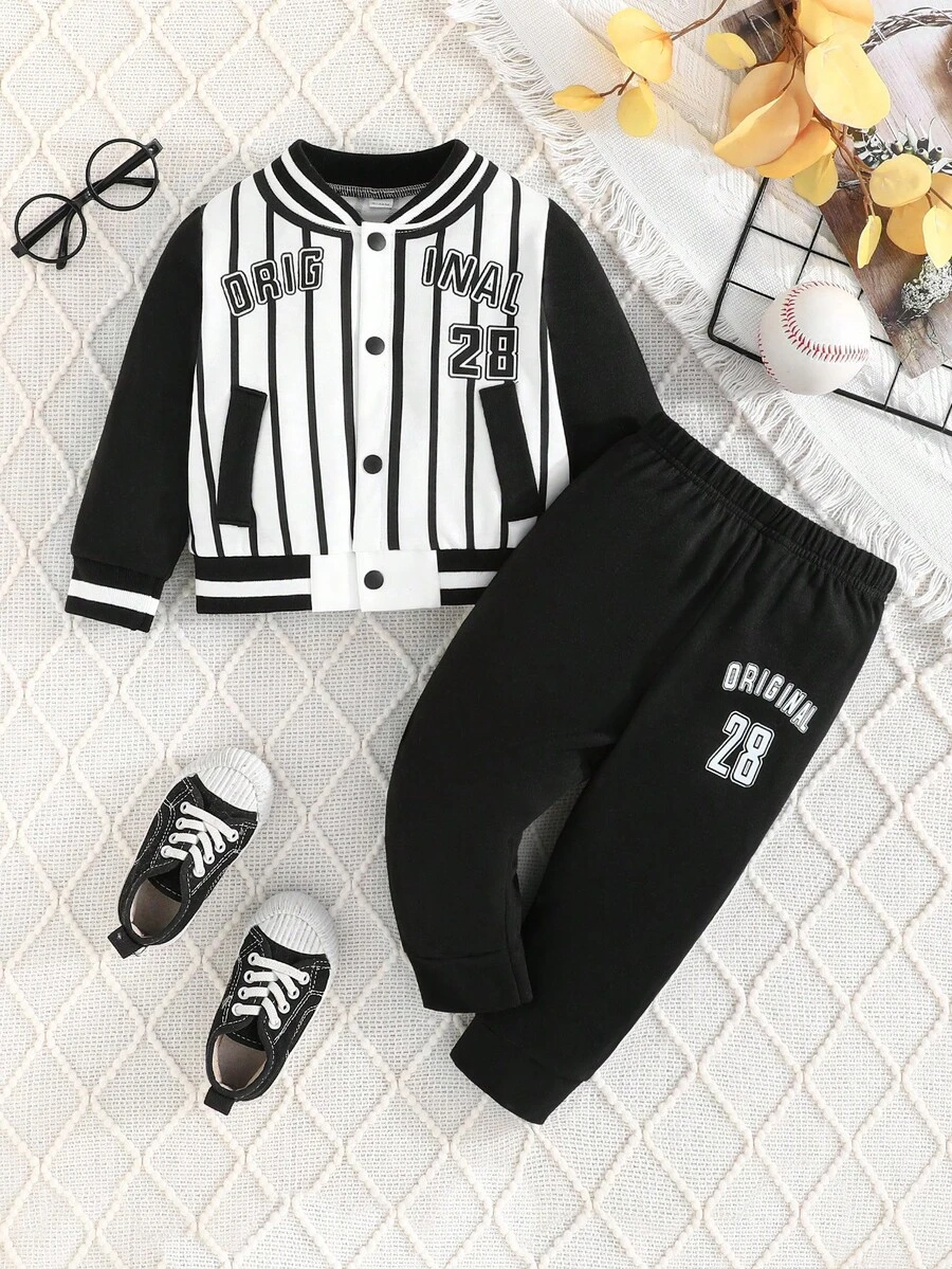 2 piezas Conjuntos informales de ropa escolar de moda para niños pequeños, chaqueta de béisbol a rayas negras y blancas y conjunto de pantalones, otoño - Blanco y Negro - Ver 1