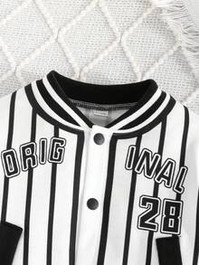 2 piezas Conjuntos informales de ropa escolar de moda para niños pequeños, chaqueta de béisbol a rayas negras y blancas y conjunto de pantalones, otoño - Blanco y Negro - Ver 3