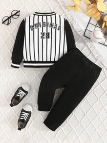 2 piezas Conjuntos informales de ropa escolar de moda para niños pequeños, chaqueta de béisbol a rayas negras y blancas y conjunto de pantalones, otoño - Blanco y Negro - Ver 2