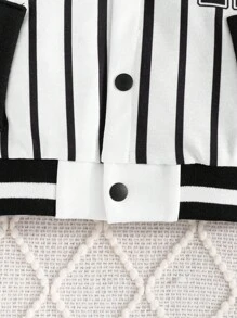 2 piezas Conjuntos informales de ropa escolar de moda para niños pequeños, chaqueta de béisbol a rayas negras y blancas y conjunto de pantalones, otoño - Blanco y Negro - Ver 5