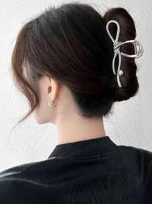 1pc Simple Bowknot Pearl Metal Hair Claw Clip, Large Size For Women's Updo Hairstyles,Hair Accessories,Claw Clips,Hair Jaw Clip,Hair Clutch