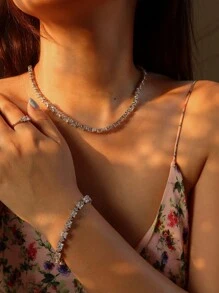 1 Set de Joyería con Cubos de Circonita Cúbica, Collar, Aretes, Anillo Ajustable, Pulsera, Regalo de Moda para el Día de San Valentín para Mujeres, Apto para Uso Diario