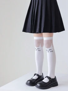 2 Pairs Kids Socks, Classic White With Cute Cartoon Cat & Fox Patterns, Versatile Casual Breathable Comfortable Soft Over-The-Knee Socks, Suitable For Festivals, Traveling, Matching Princess Dresses, Back To School - White - View 4