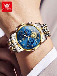 OLEVS. OLEVS 顶级男士手表陀飞轮风格时尚原创石英表 3Bar 防水运动月相表夜光计时码表男士礼物 - 藍色 - 查看 5