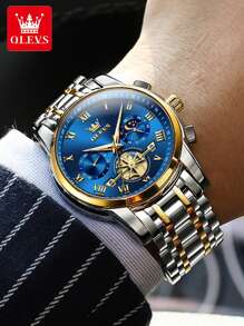 OLEVS. OLEVS 顶级男士手表陀飞轮风格时尚原创石英表 3Bar 防水运动月相表夜光计时码表男士礼物 - 藍色 - 查看 10