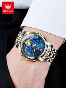 OLEVS. OLEVS 顶级男士手表陀飞轮风格时尚原创石英表 3Bar 防水运动月相表夜光计时码表男士礼物 - 藍色 - 查看 8