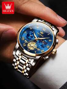OLEVS. OLEVS 顶级男士手表陀飞轮风格时尚原创石英表 3Bar 防水运动月相表夜光计时码表男士礼物 - 藍色 - 查看 4