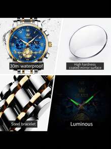 OLEVS. OLEVS 顶级男士手表陀飞轮风格时尚原创石英表 3Bar 防水运动月相表夜光计时码表男士礼物 - 藍色 - 查看 9