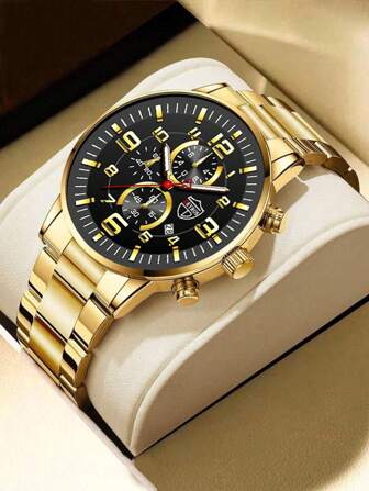 1pc Black Stainless Steel Strap Business Date Round Dial Quartz Watch, For Daily Life