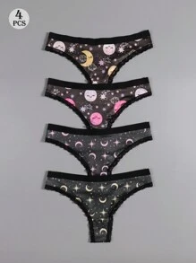 Dircho 4 Stücke Sexy Damen romantische Kontrast-Spitzen Tanga, bohostil schwarzrosa Allover Sterne & Monde & Planeten & Nachthimmel & Lächelnde Gesichter & Halbmondmuster, bequeme seidige Dessous Unterwäsche, Damen Unterwäsche & Lingerie