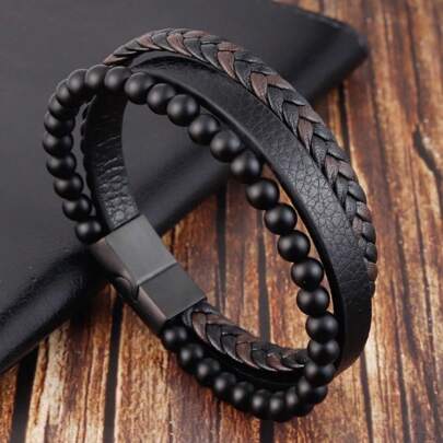 1pc Magnetic Black PU Leather Bracelet For Men: Stylish, Versatile, - Ideal For Casual Wear Christmas New Year Valentine's Day Holiday Gift
