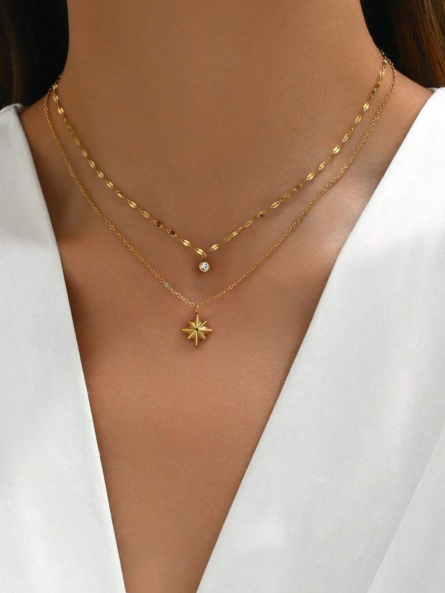 LIEBEIRIS 1 Stück 18 Karat vergoldete doppellagige Edelstahl 8-zackiger Stern Halskette für Frauen, Täglicher Gebrauch - Goldgelb - Übersicht 1