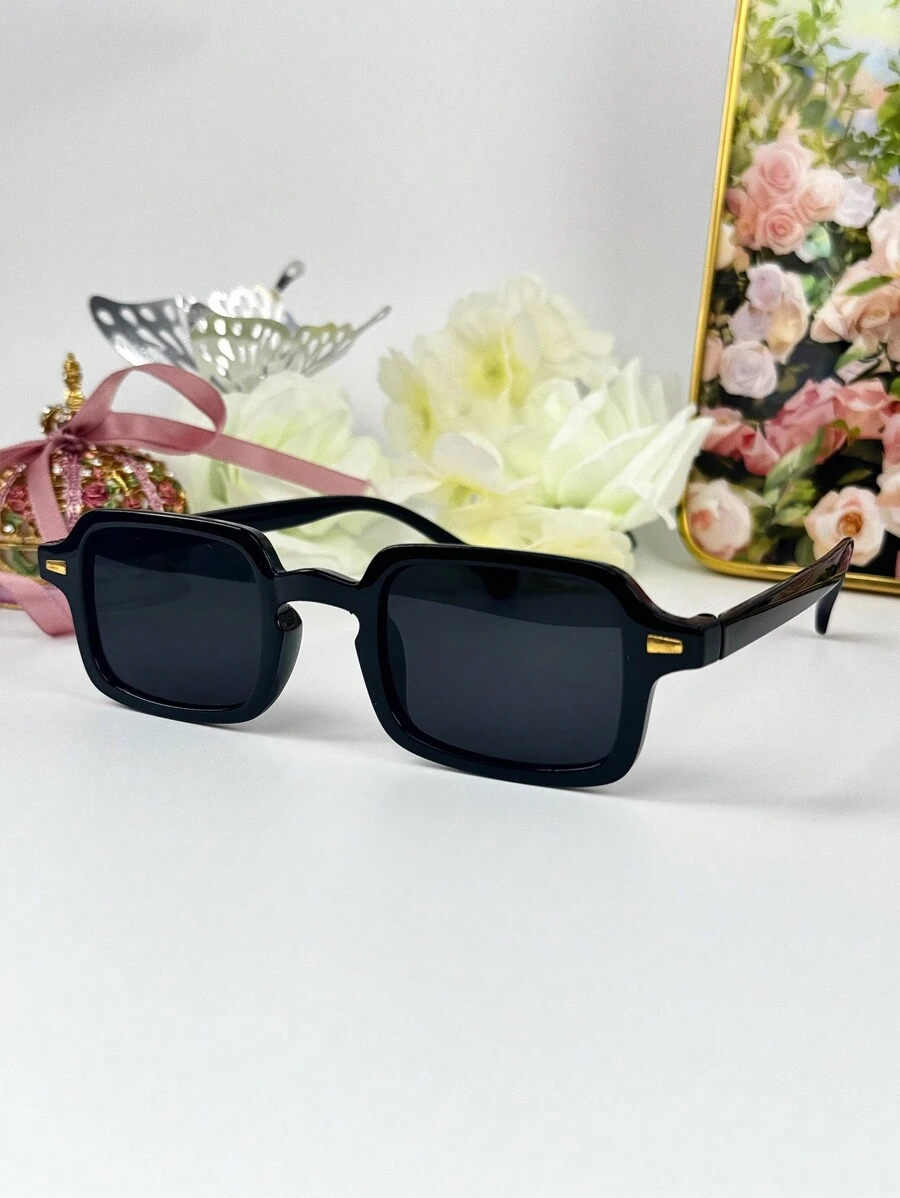 1入組方形金屬圖釘女式時尚眼鏡，Y2K街頭風格裝飾眼鏡 - 黑灰 - 查看 1