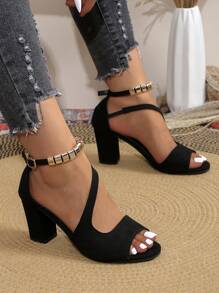 Sandalias de tacón alto y moda para mujer, zapatos de tacón grueso con diseño elegante y punta abierta, sandalias casuales para mujeres - Negro - Ver 2