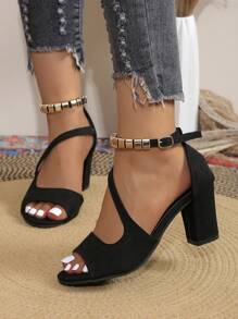 Sandalias de tacón alto y moda para mujer, zapatos de tacón grueso con diseño elegante y punta abierta, sandalias casuales para mujeres - Negro - Ver 4