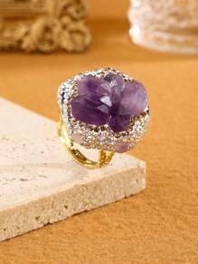 1pc Wide Band Adjustable Natural Crystal Raw Stone & Clay Inlaid Diamond Ring For Women, Party Gift (Random Shape And Color Depth)