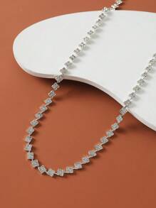 1pc Women Elegant Rhinestone Grid Pattern Waist Chain, Suitable For Wedding Ceremony, Party And Gathering Valentine's Day Accessories - Silver - View 3